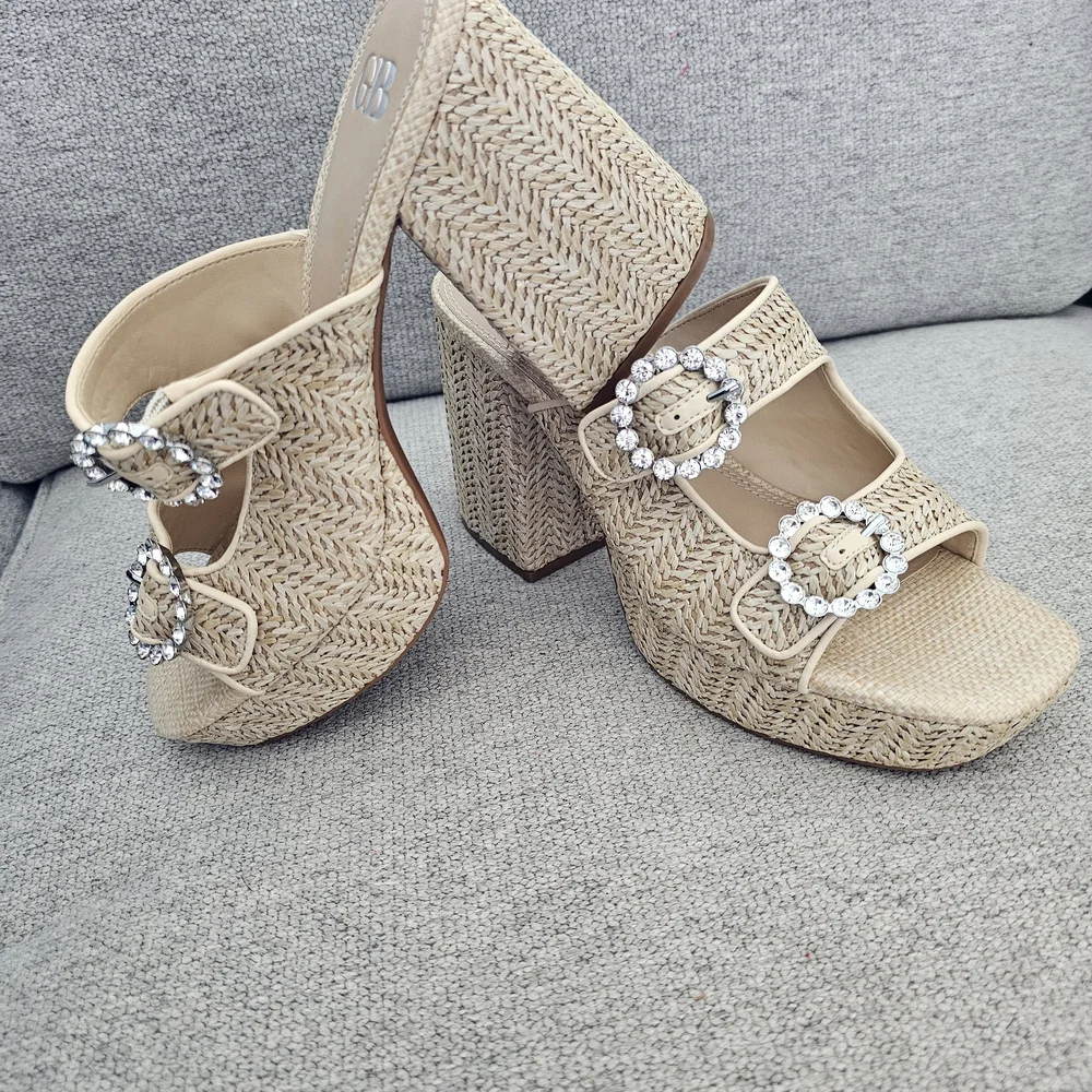 Gianni Bini Beige Tan Woven Heels Shoes w/Crystal Accents Women's Size 9.5 NWOB